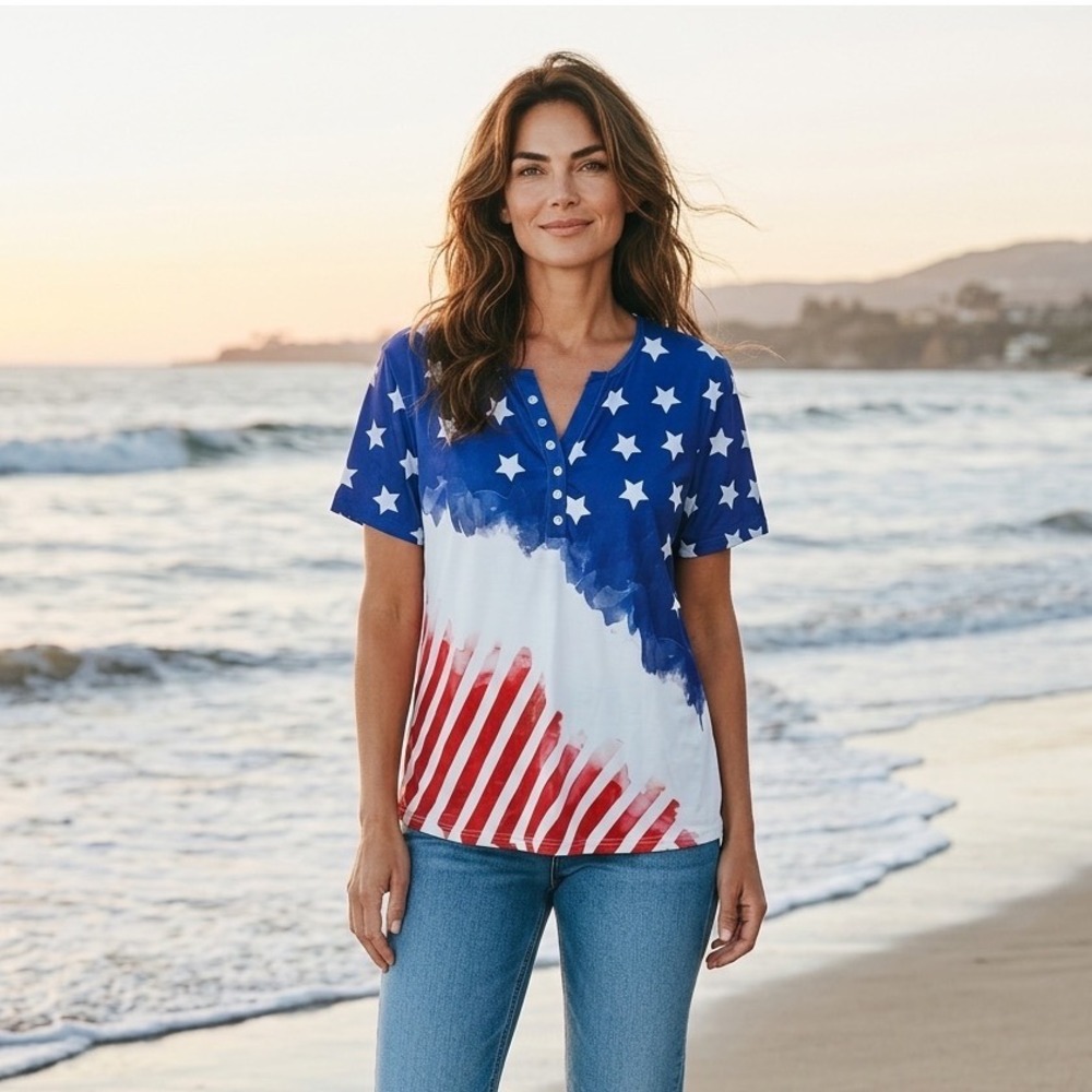 Noracora American Flag Henley Shirt Womens Stars Stripes Patriotic Blue L July 4